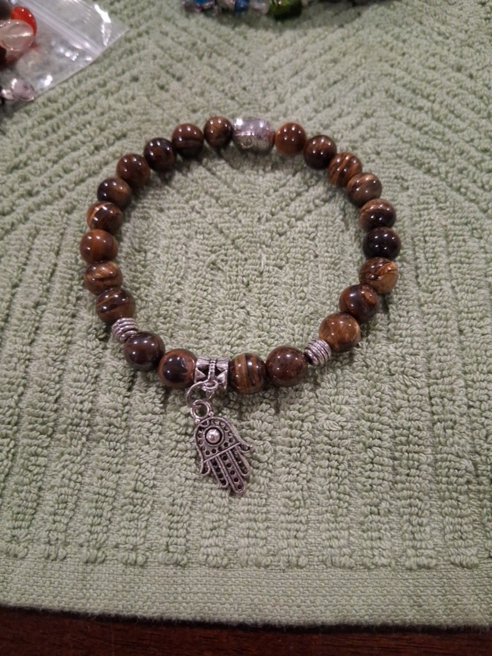 Brown Beaded Hamsa Charm Bracelet Stretch